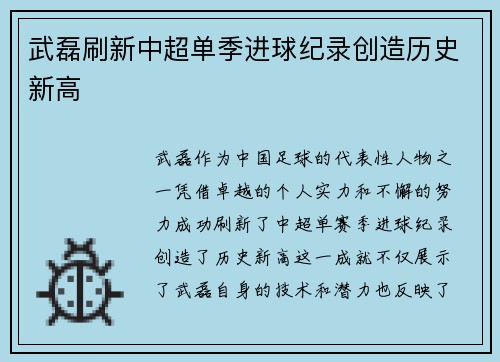 武磊刷新中超单季进球纪录创造历史新高